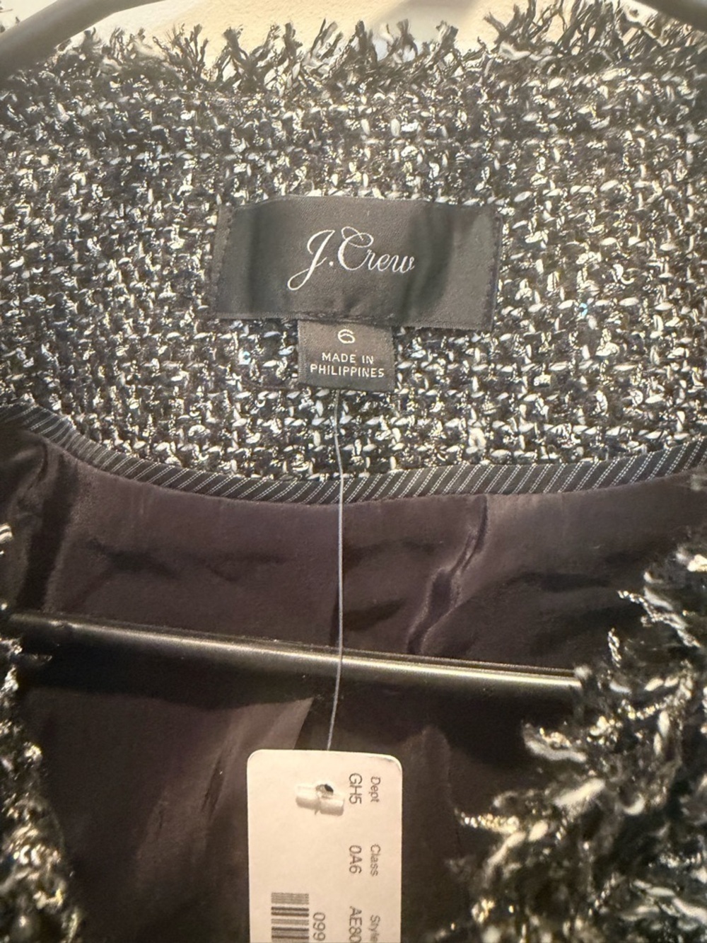 J. Crew Lady Metallic Black & White Tweed Fringe Collarless Blazer - Picture 4 of 8